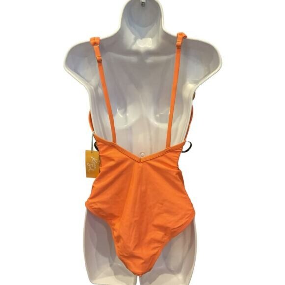 Womens Orange One-Piece Swimsuit With Adjustable Straps & Deep V-Neckline - Picture 3 of 9
